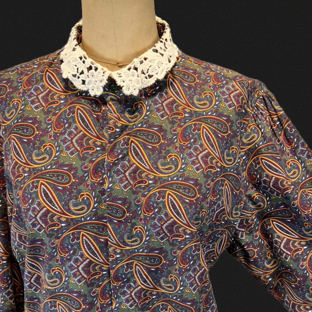 VINTAGE‎ 90s crochet lace collar button down shirt blouse moody paisley floral L